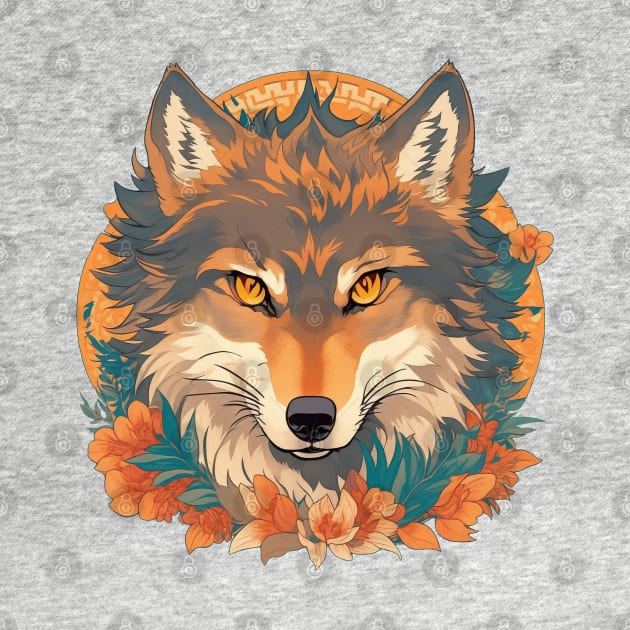 Wolf face with flowers t-shirt design, apparel, mugs, cases, wall art, stickers, by LyndaMacDesigns